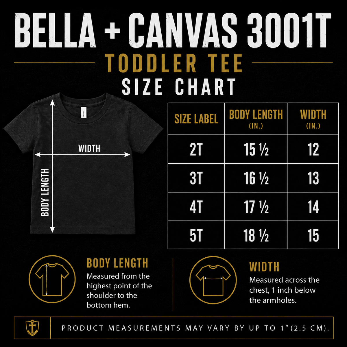 Made to Roar “Faith Over Fear” Toddler T-Shirt size chart for kids' apparel, featuring dimensions for different sizes.