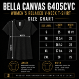Size chart for But, GOD. Bold Faith Women’s Relaxed V-Neck T-Shirt with measurements and dimensions.