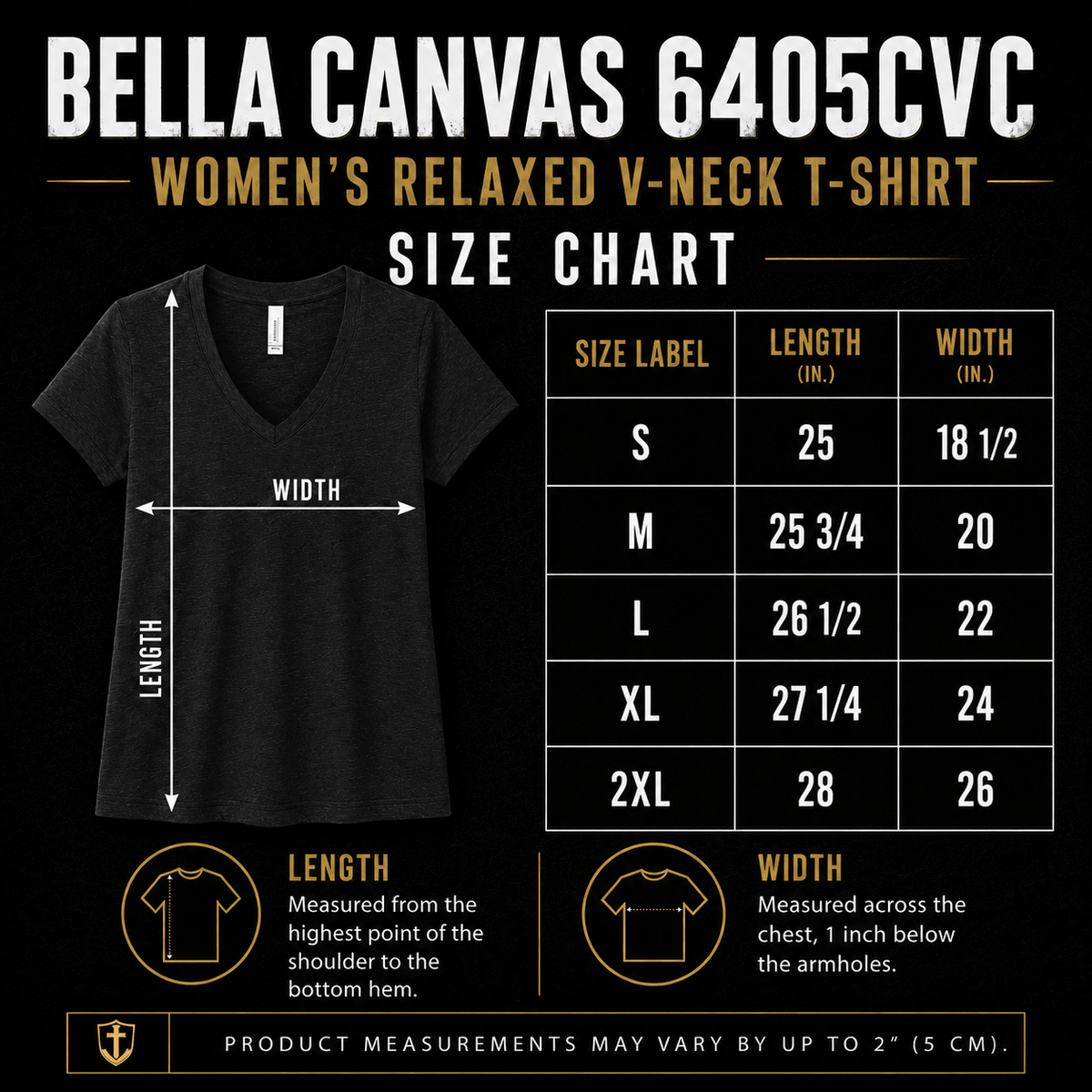 Size chart for But, GOD. Bold Faith Women’s Relaxed V-Neck T-Shirt with measurements and dimensions.