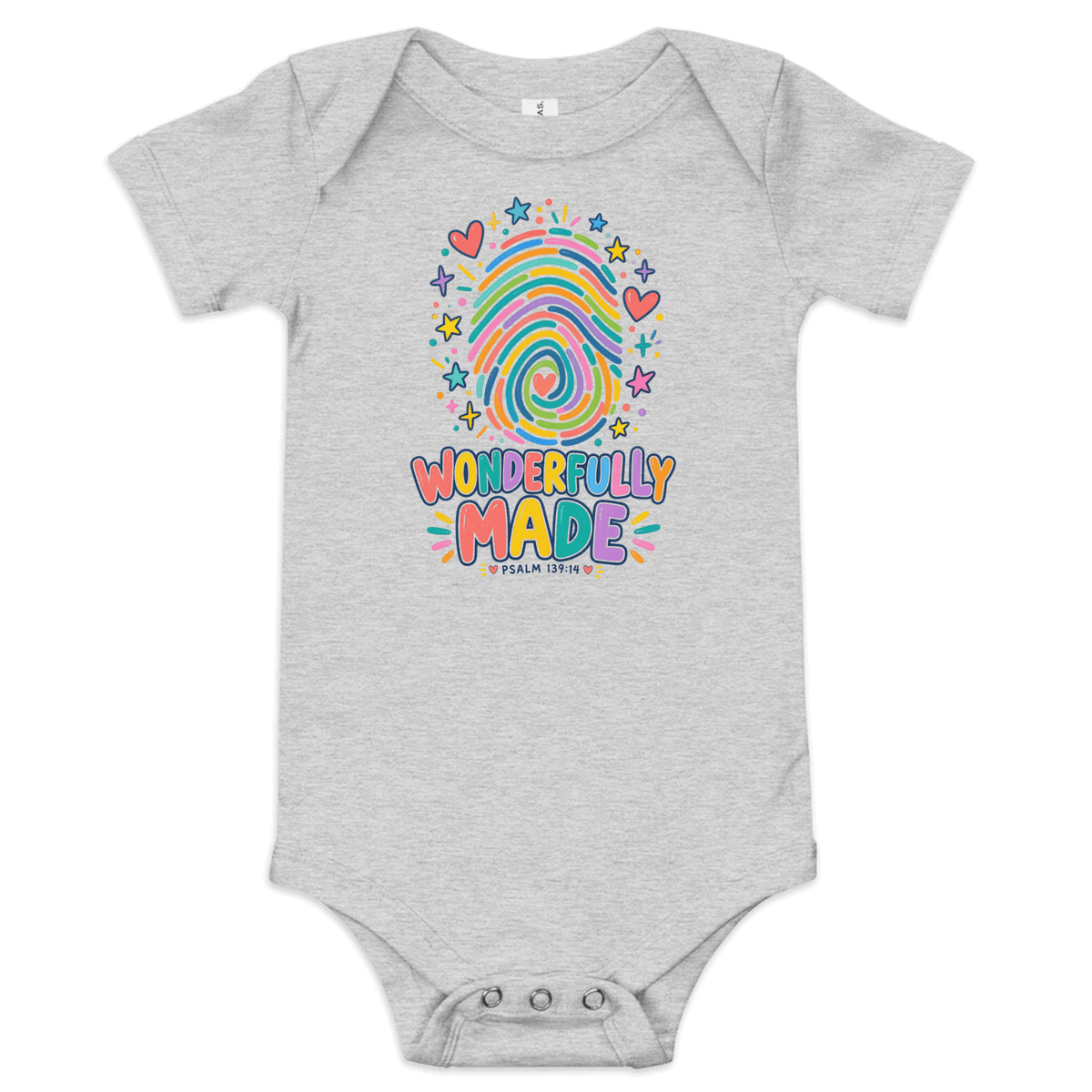 Wonderfully Made Fingerprint Psalm 139:14 Baby Onesie in Athletic Heather. Faith-inspired design with colorful fingerprint.