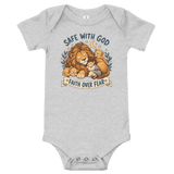 Safe With God “Faith Over Fear” Baby Onesie in Athletic Heather featuring lions and a comforting message on Christian apparel.