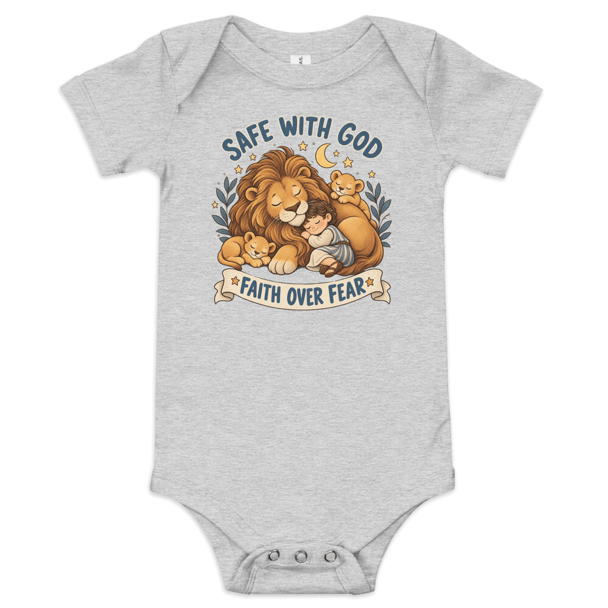 Safe With God “Faith Over Fear” Baby Onesie in Athletic Heather featuring lions and a comforting message on Christian apparel.