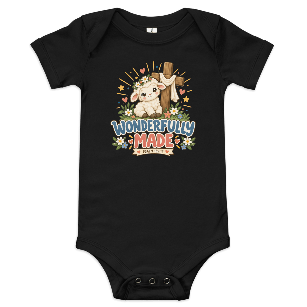 Wonderfully Made Psalm 139:14 Christian Baby Onesie with lamb and cross design, celebrating faith and God's creations.