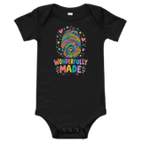 Wonderfully Made Fingerprint Psalm 139:14 Baby Onesie in black with colorful fingerprint design, perfect Christian apparel.