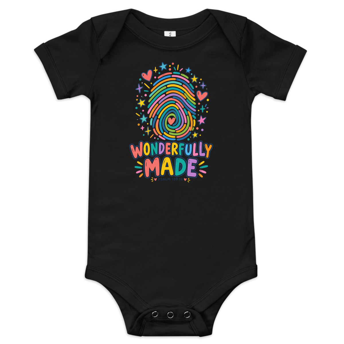 Wonderfully Made Fingerprint Psalm 139:14 Baby Onesie in black with colorful fingerprint design, perfect Christian apparel.