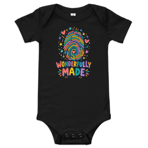 Wonderfully Made Fingerprint Psalm 139:14 Baby Onesie in black with colorful fingerprint design, perfect Christian apparel.