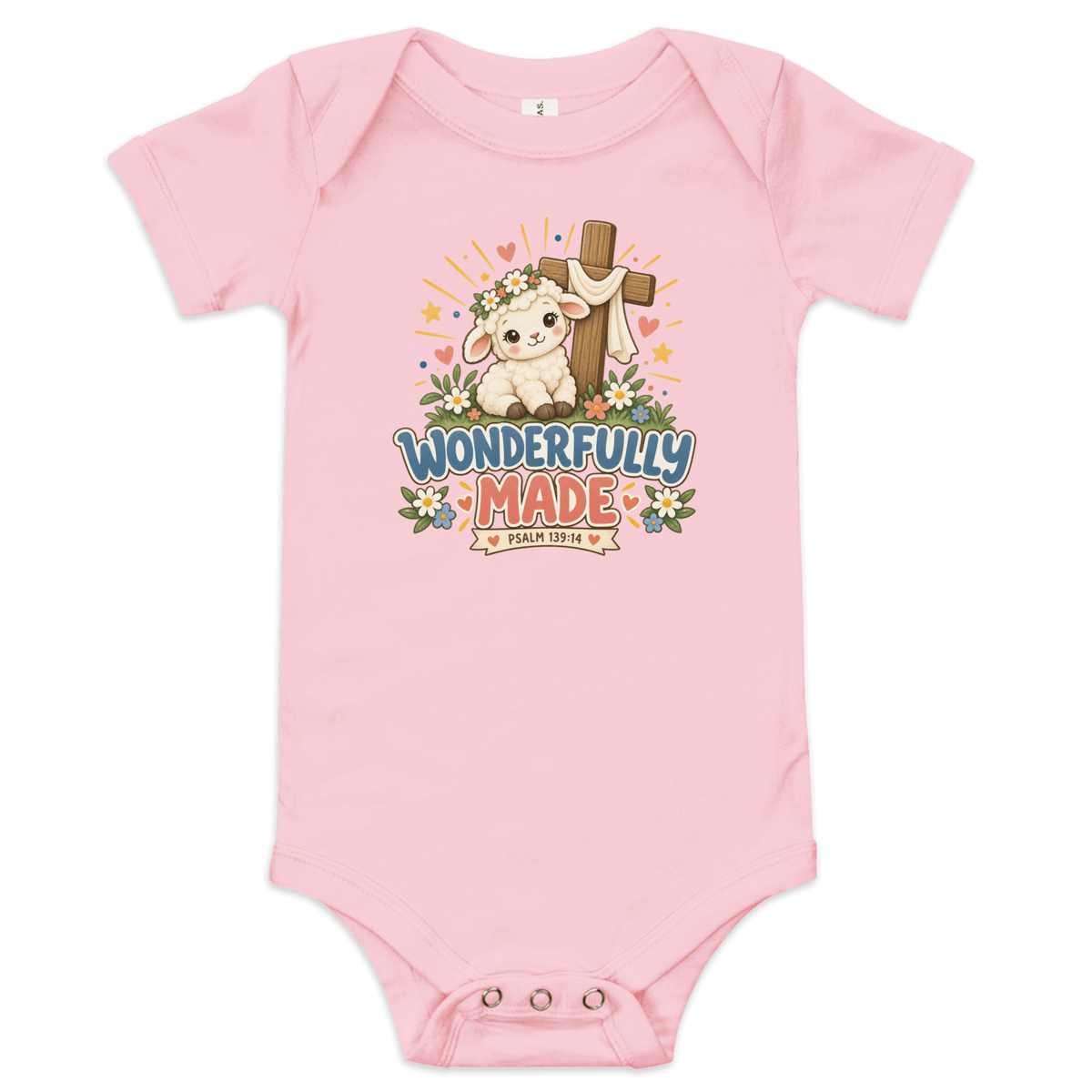 Wonderfully Made Psalm 139:14 Christian Baby Onesie in pink with lamb and cross design, celebrating faith and God's creation.