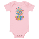 Wonderfully Made Fingerprint Psalm 139:14 Baby Onesie in pink, showcasing a colorful fingerprint design with hearts and stars.