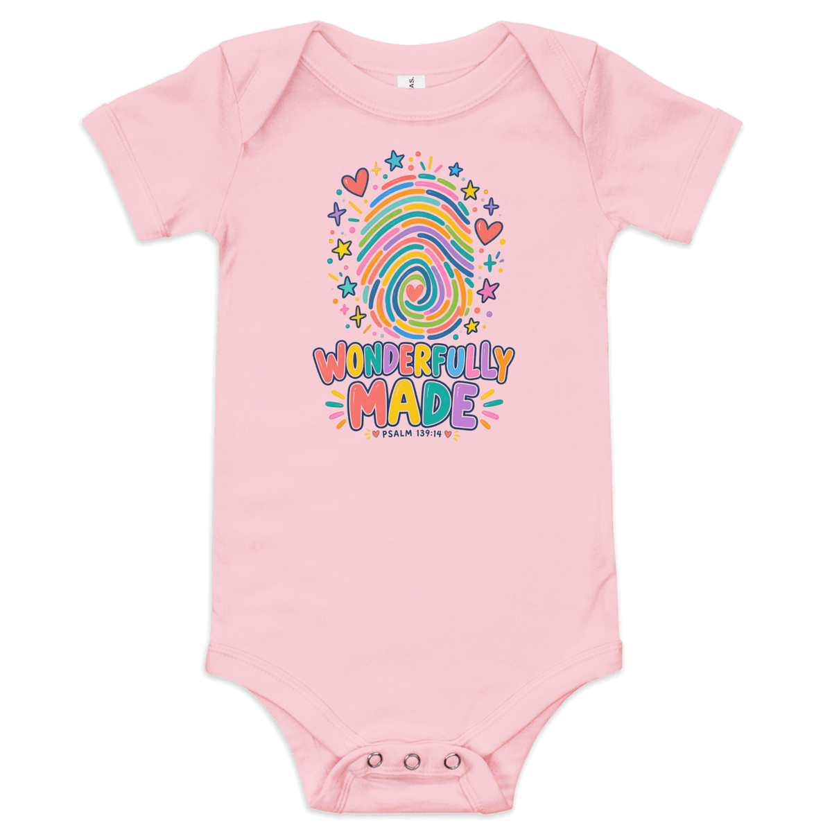Wonderfully Made Fingerprint Psalm 139:14 Baby Onesie in pink, showcasing a colorful fingerprint design with hearts and stars.