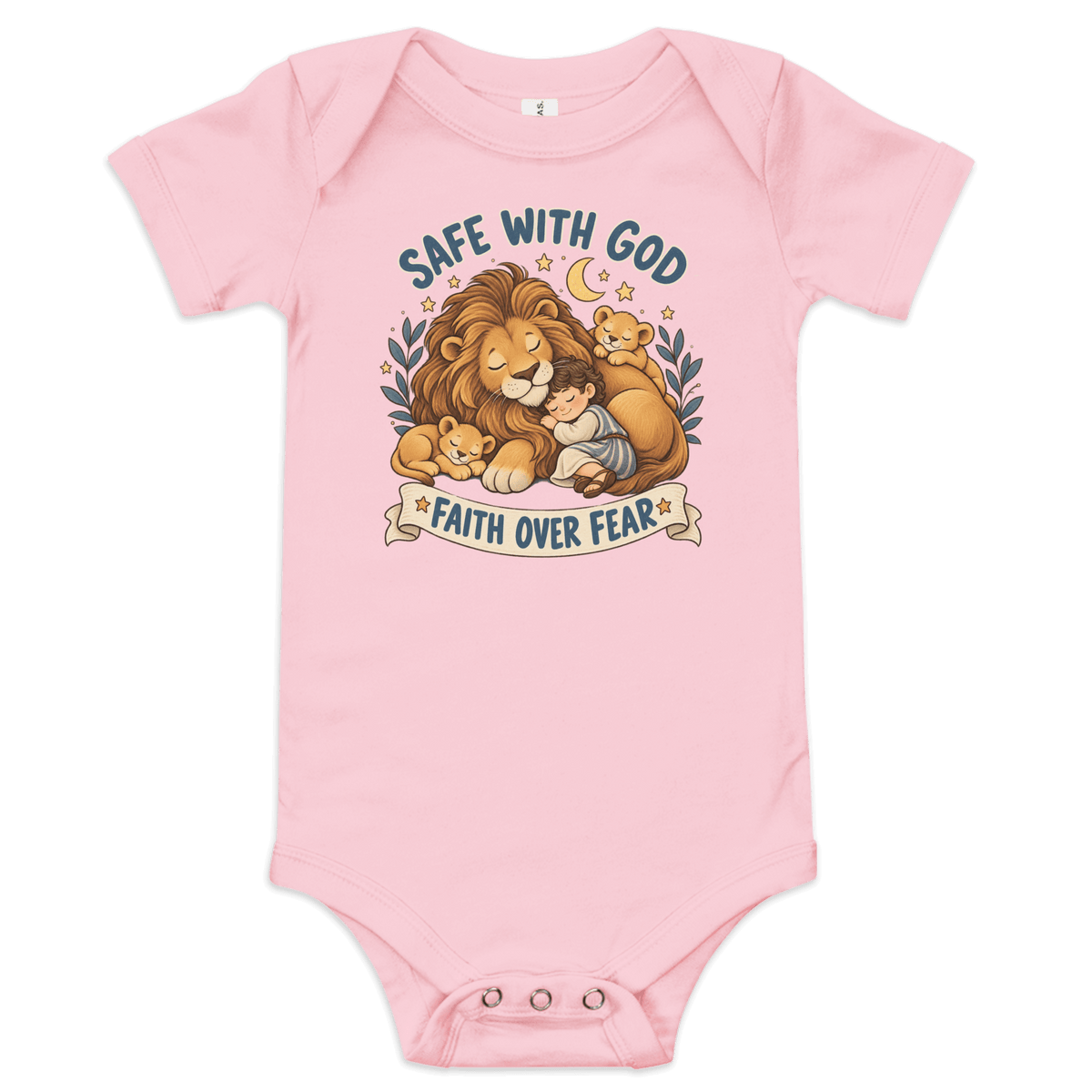 Safe With God “Faith Over Fear” Baby Onesie in pink with lions and biblical message about faith and God's protection.
