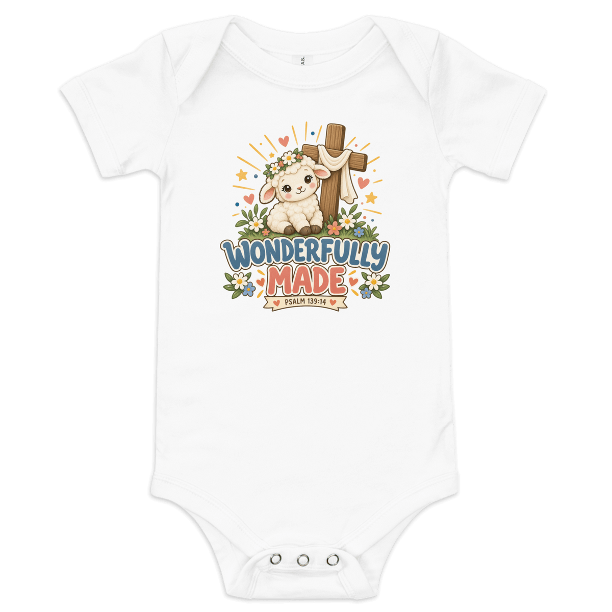 Wonderfully Made Psalm 139:14 Christian Baby Onesie in white with a lamb, cross, flowers, and hearts celebrating faith.