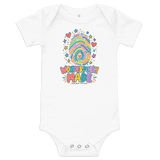 Wonderfully Made Fingerprint Psalm 139:14 Baby Onesie, white bodysuit featuring colorful fingerprint design, hearts, and stars, celebrating faith.