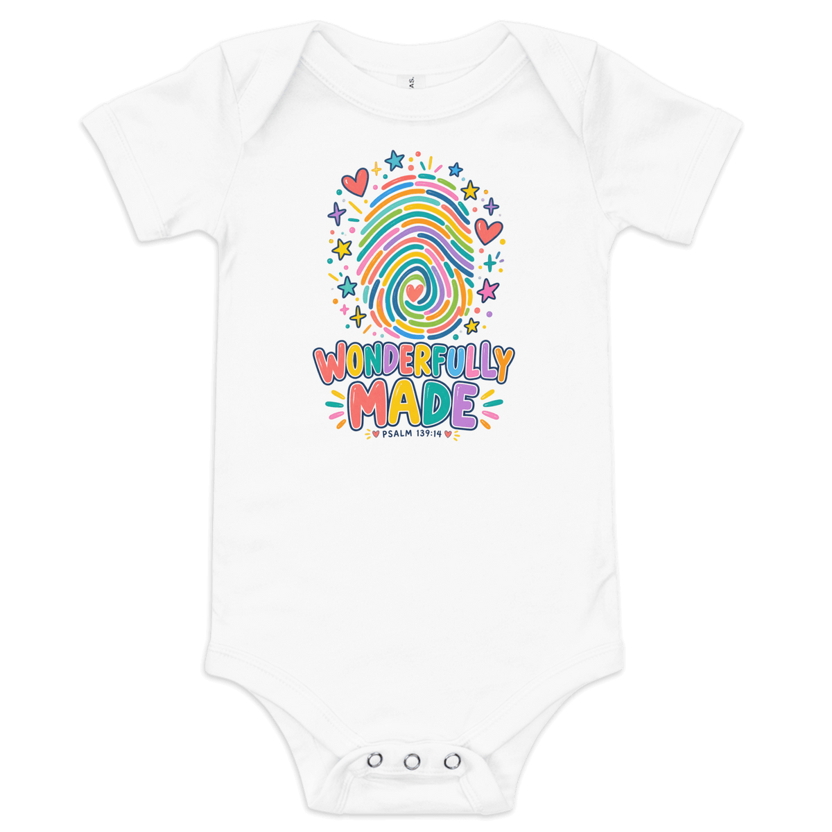 Wonderfully Made Fingerprint Psalm 139:14 Baby Onesie, white bodysuit featuring colorful fingerprint design, hearts, and stars, celebrating faith.