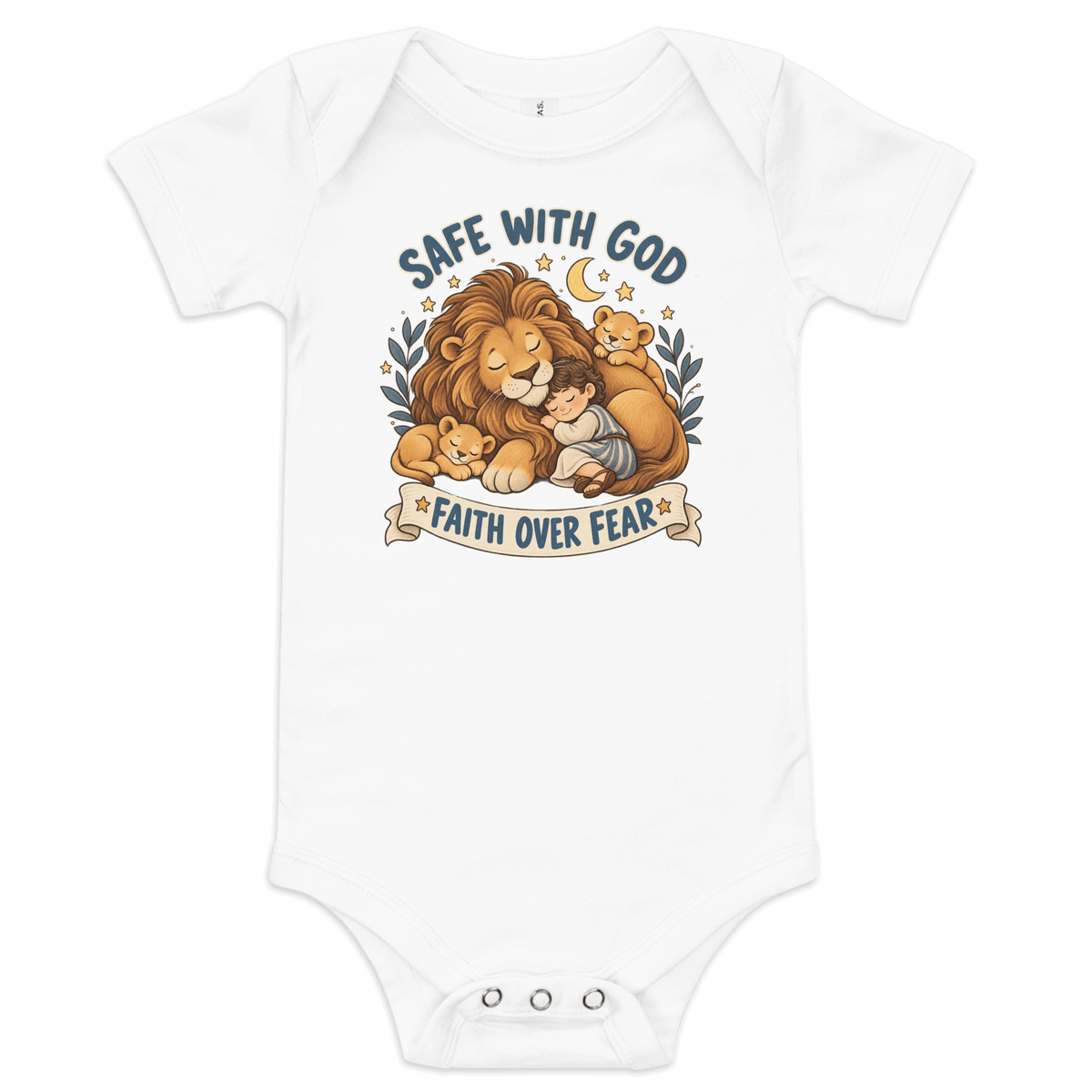 Safe With God “Faith Over Fear” Baby Onesie in white featuring lions and comforting text about faith and God's protection.