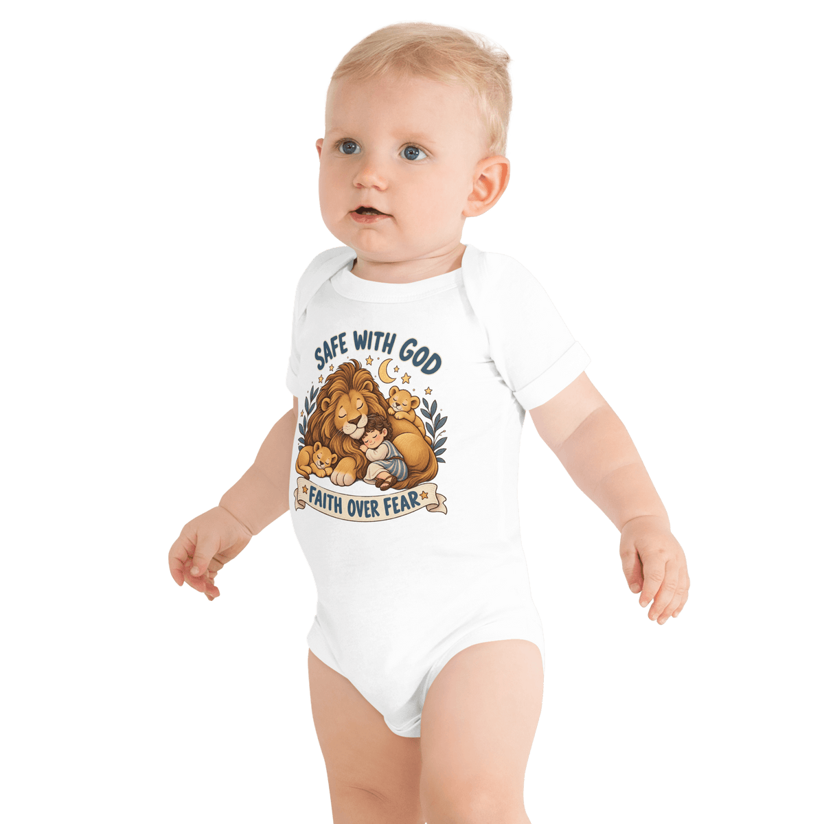 Safe With God “Faith Over Fear” Baby Onesie featuring a peaceful lion design and comforting message for toddlers.