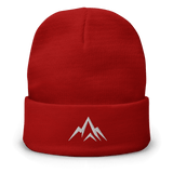 Unshaken Apparel Embroidered Beanie in red, featuring the bold mountain logo, perfect for outdoor activities and cold-weather training.