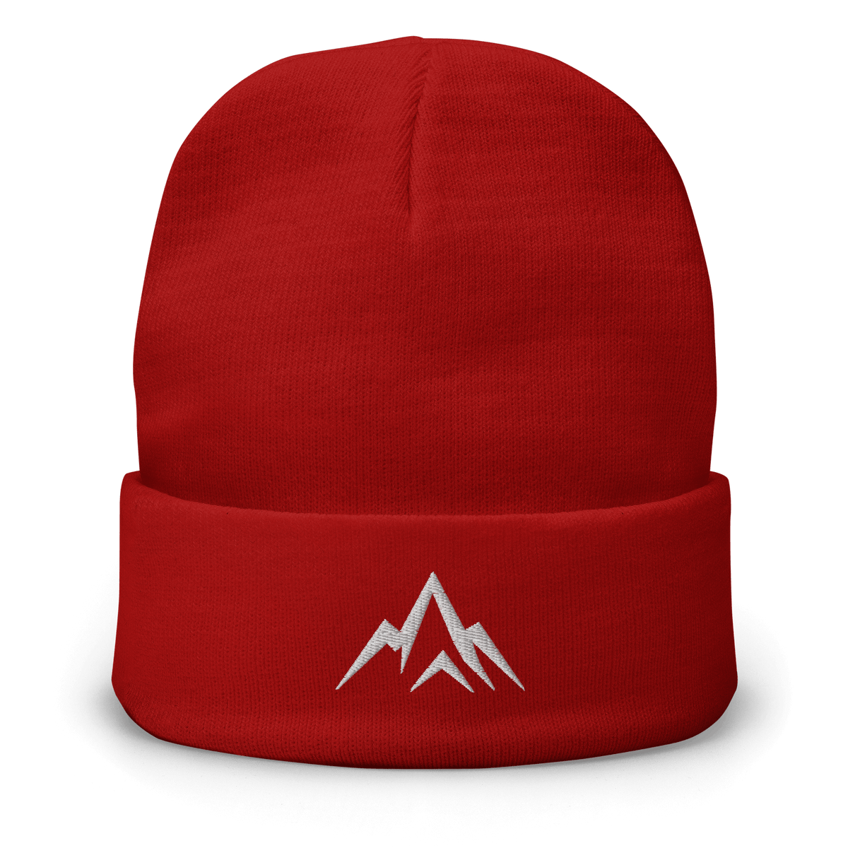 Unshaken Apparel Embroidered Beanie in red, featuring the bold mountain logo, perfect for outdoor activities and cold-weather training.