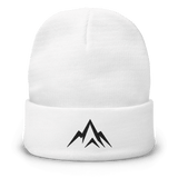Unshaken Apparel Embroidered Beanie in white, featuring the bold mountain logo, perfect for warmth and style.