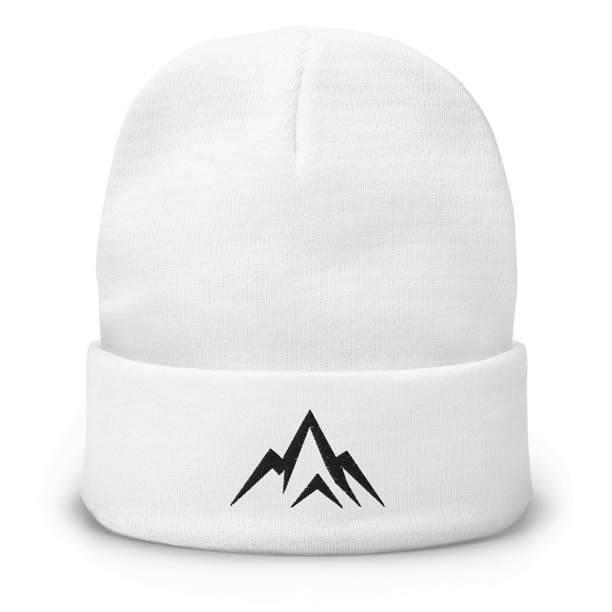 Unshaken Apparel Embroidered Beanie in white, featuring the bold mountain logo, perfect for warmth and style.