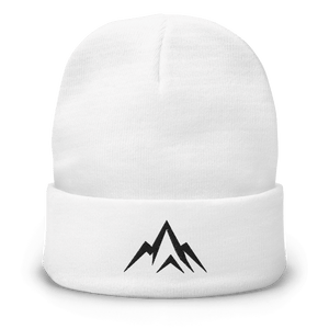 Unshaken Apparel Embroidered Beanie in white, featuring the bold mountain logo, perfect for warmth and style.