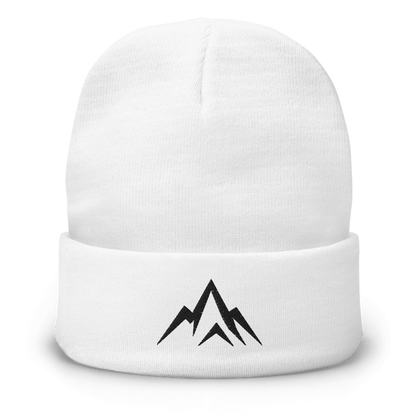 Unshaken Apparel Embroidered Beanie in white, featuring the bold mountain logo, perfect for warmth and style.