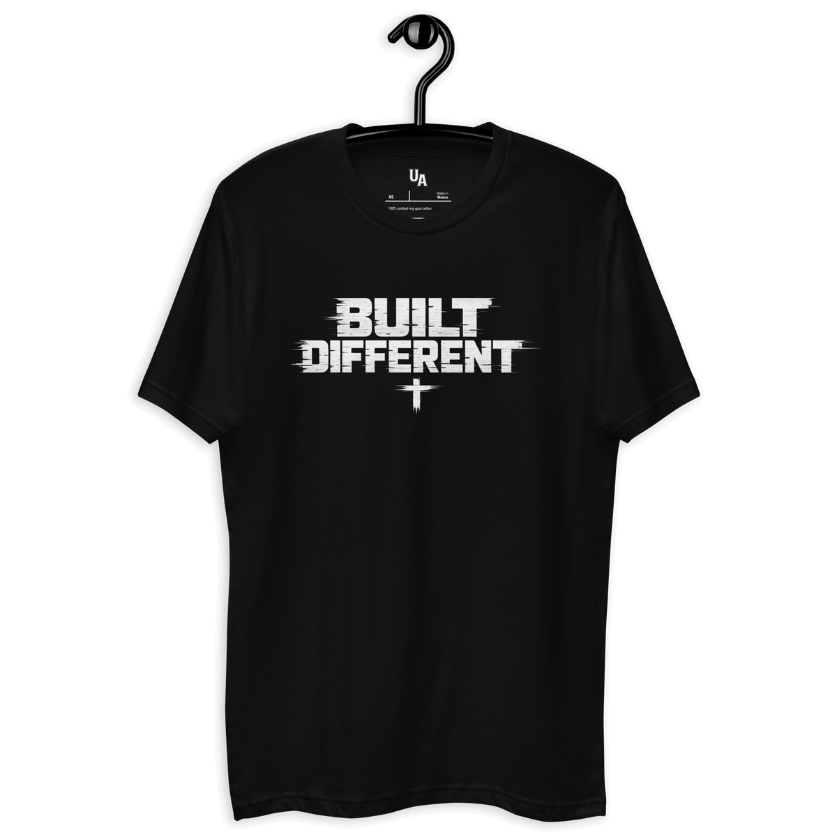 Built Different Cross Gym Tee in black, showcasing faith-inspired design, emphasizing strength and purpose.