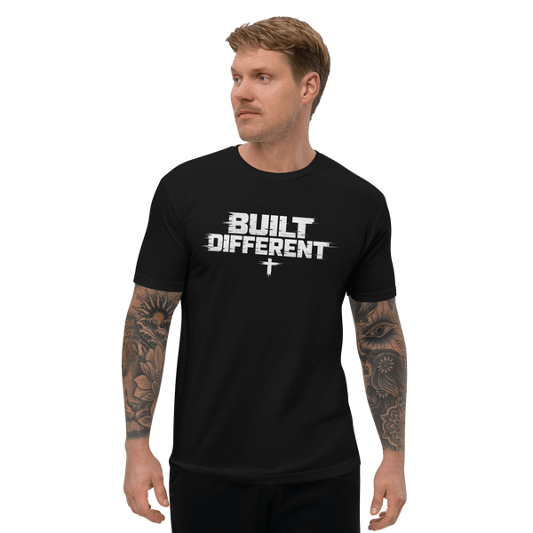 A man wearing a Built Different Cross Gym Tee, showcasing faith-based apparel with a bold design.