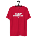 Red Built Different Cross Gym Tee featuring Christian faith graphic and glitch effect design.