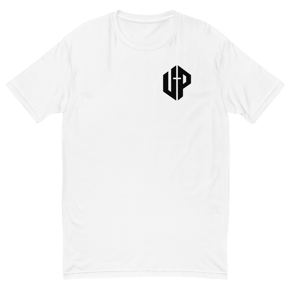 Unshaken Performance Logo Training T-Shirt in white featuring bold UP emblem, perfect for workouts and expressing faith.