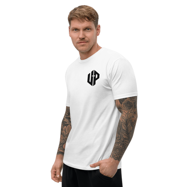Unshaken Performance Logo Training T-Shirt featuring bold UP emblem, symbolizing faith and strength in athletic apparel.