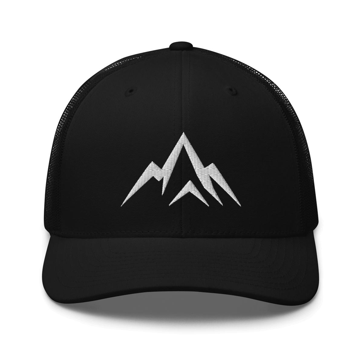 Unshaken Apparel Logo Trucker Hat in black showcasing a bold mountain logo, symbolizing faith and strength.