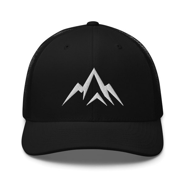Unshaken Apparel Logo Trucker Hat in black showcasing a bold mountain logo, symbolizing faith and strength.