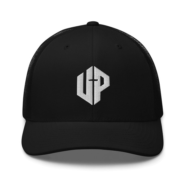 Unshaken Performance Cross Logo Trucker Cap in black, representing faith and Christian apparel with a modern design.