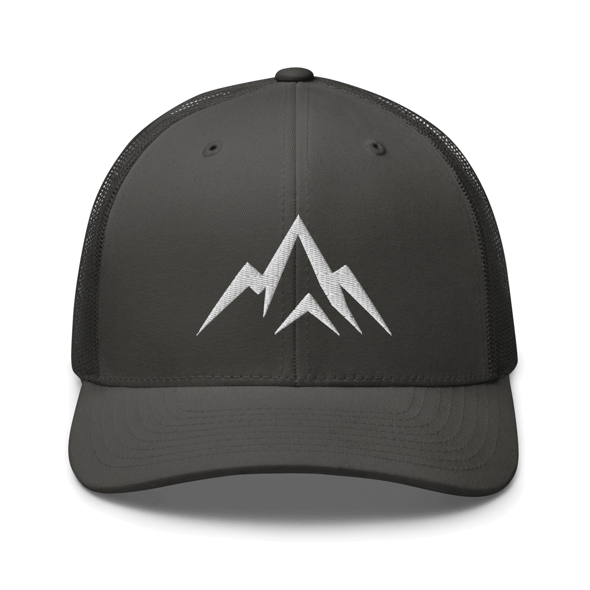 Unshaken Apparel Logo Trucker Hat in charcoal color featuring mountain logo, representing strength and faith.