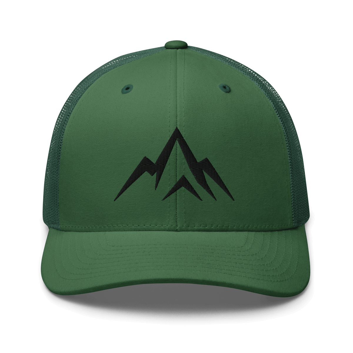 Unshaken Apparel Logo Trucker Hat in evergreen, showcasing the mountain logo, symbolizing faith and strength.