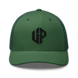Unshaken Performance Cross Logo Trucker Cap in evergreen, embodying faith and style for Christian apparel.