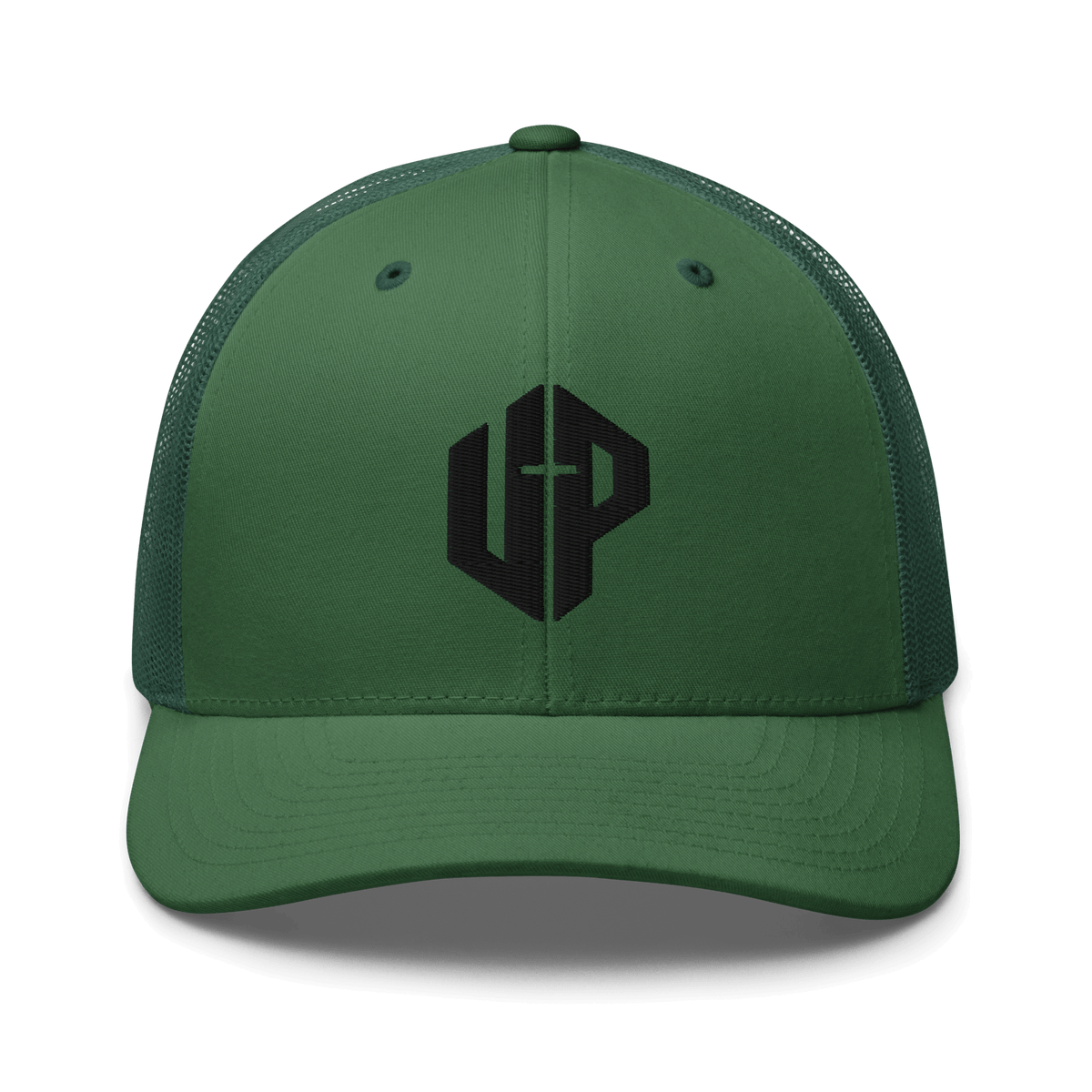 Unshaken Performance Cross Logo Trucker Cap in evergreen, embodying faith and style for Christian apparel.