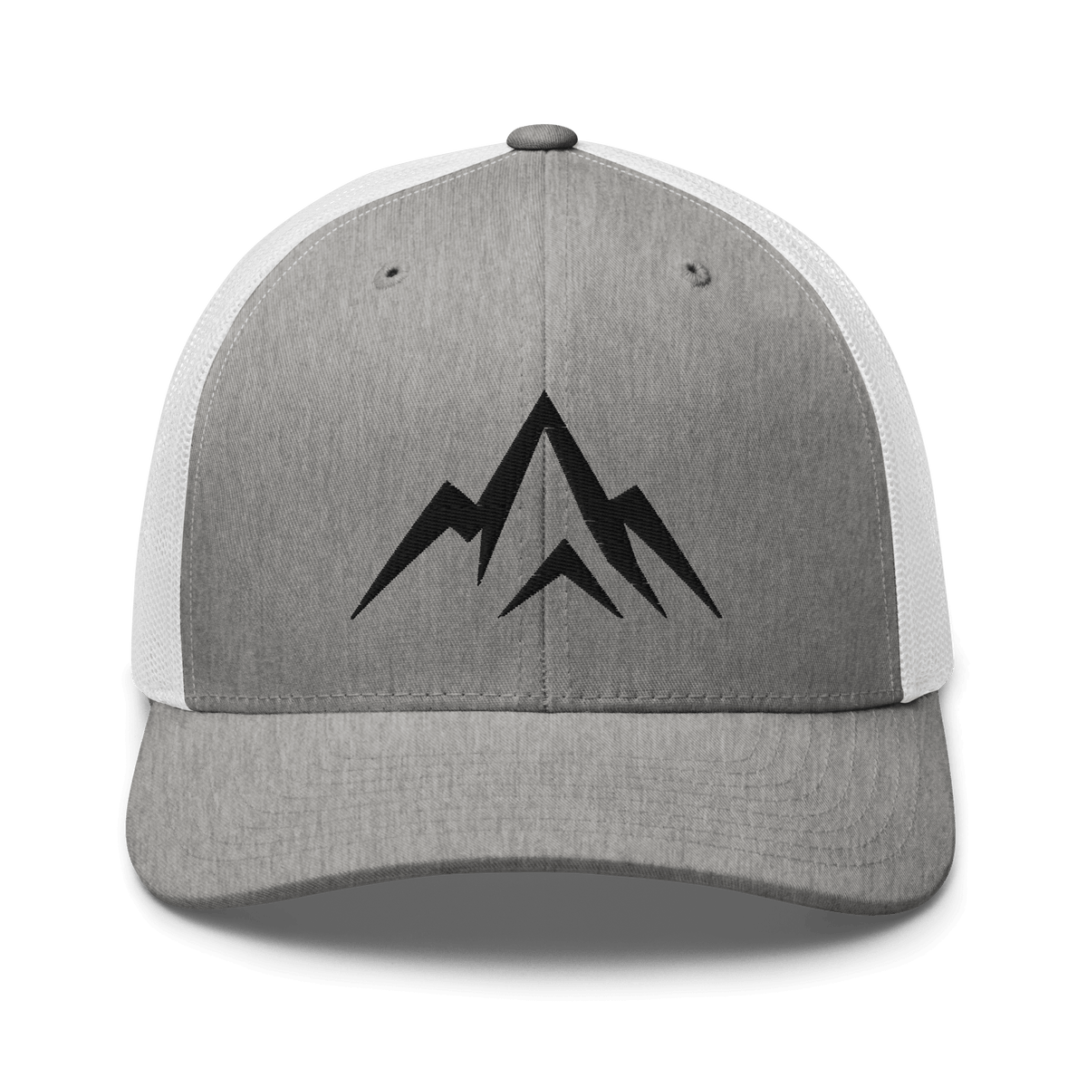 Unshaken Apparel Logo Trucker Hat in Heather Grey/White with mountain logo, representing faith and strength in apparel.