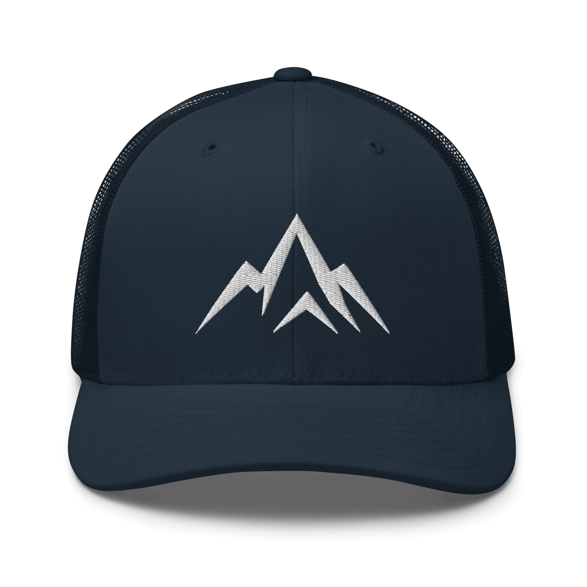 Unshaken Apparel Logo Trucker Hat in navy showcasing a bold mountain logo symbolizing strength and faith.