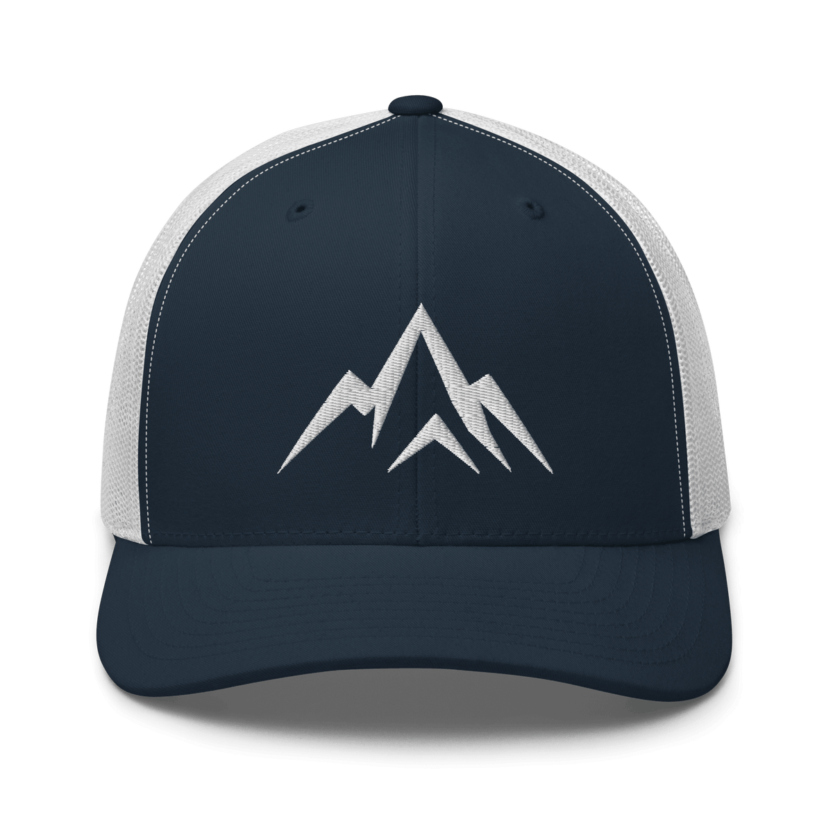 Unshaken Apparel Logo Trucker Hat in navy and white with mountain logo, representing faith, strength, and discipline.