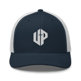 Unshaken Performance Cross Logo Trucker Cap in navy and white, symbolizing faith and strength in God through stylish apparel.