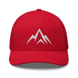 Unshaken Apparel Logo Trucker Hat in red, featuring a bold mountain logo, symbolizing strength, faith, and resilience.
