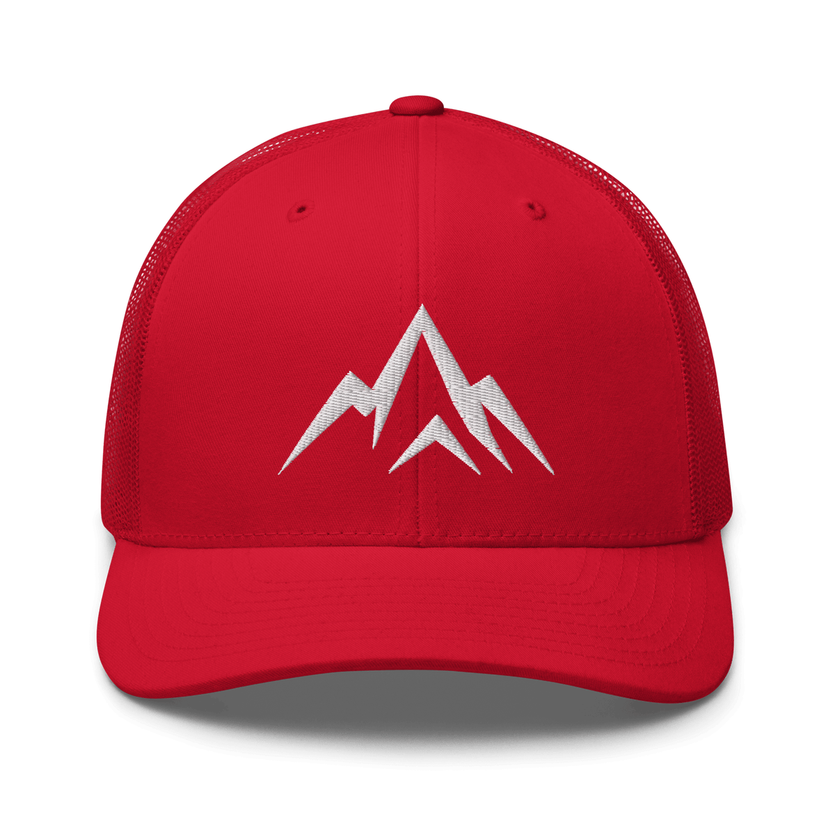 Unshaken Apparel Logo Trucker Hat in red, featuring a bold mountain logo, symbolizing strength, faith, and resilience.