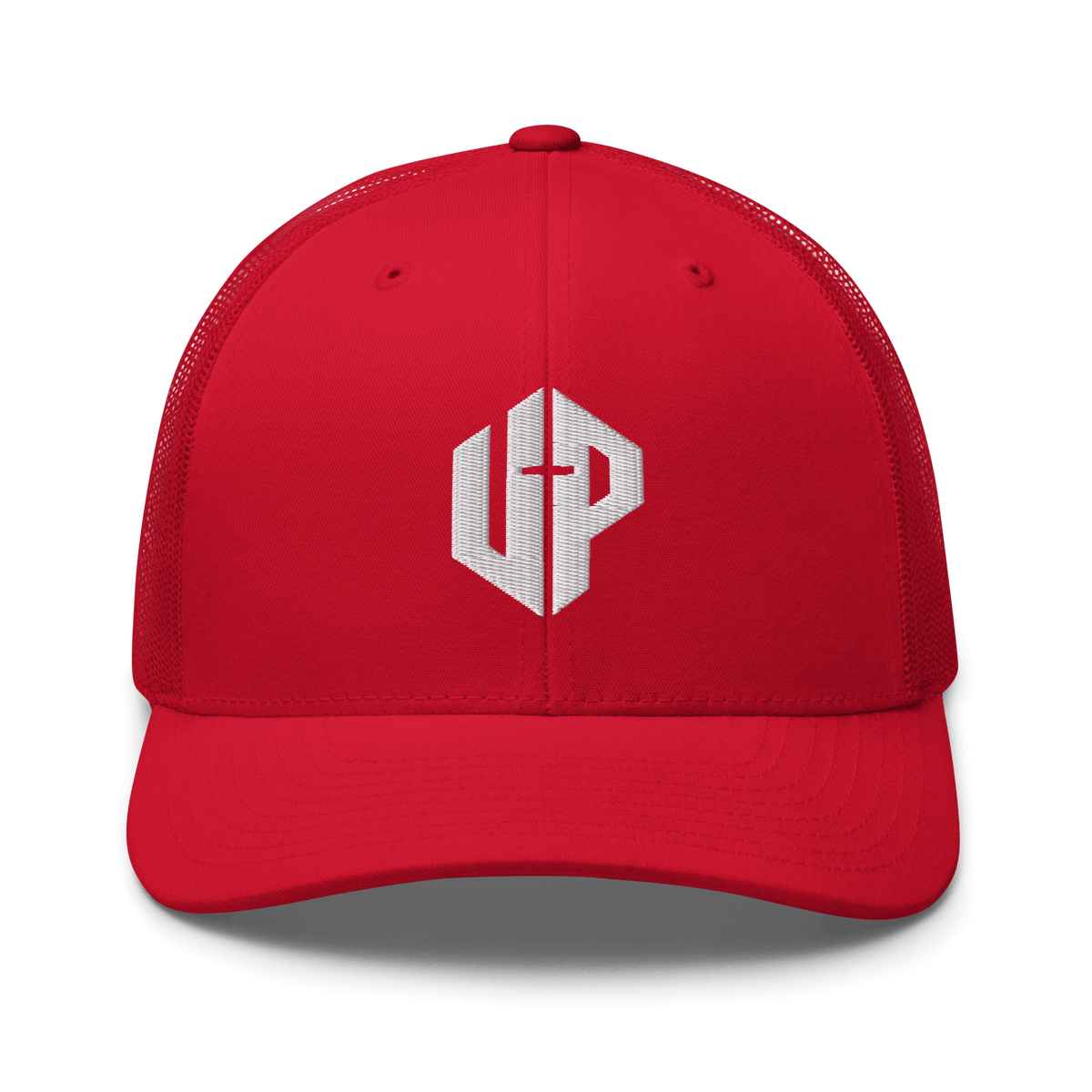 Unshaken Performance Cross Logo Trucker Cap in red, symbolizing faith and strength in God, perfect for Christian apparel.