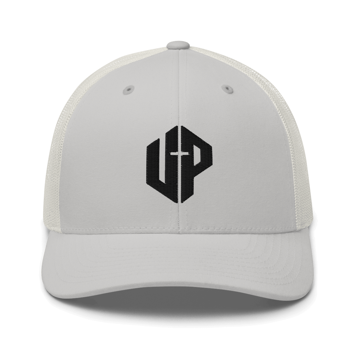 Unshaken Performance Cross Logo Trucker Cap in silver, showcasing bold UP emblem representing faith and modern Christian apparel.