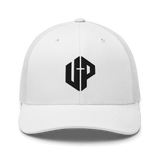 Unshaken Performance Cross Logo Trucker Cap in white featuring a bold UP emblem blending faith and modern design. Apparel for believers.