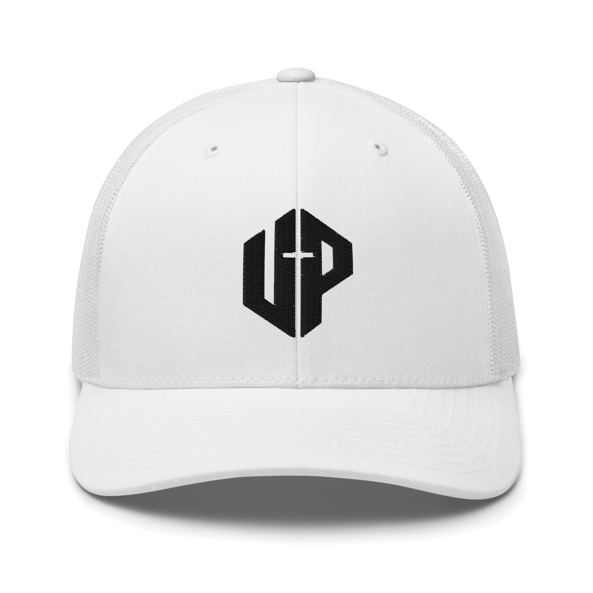 Unshaken Performance Cross Logo Trucker Cap in white featuring a bold UP emblem blending faith and modern design. Apparel for believers.