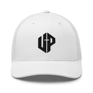 Unshaken Performance Cross Logo Trucker Cap in white featuring a bold UP emblem blending faith and modern design. Apparel for believers.