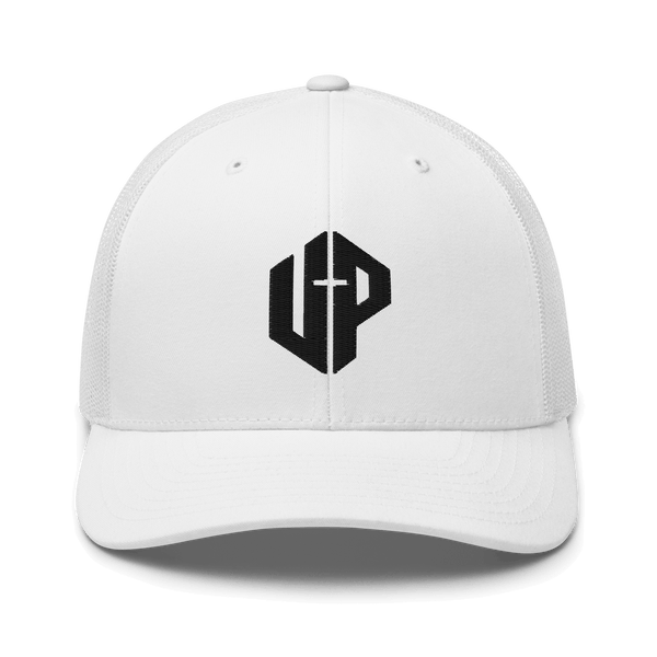 Unshaken Performance Cross Logo Trucker Cap in white featuring a bold UP emblem blending faith and modern design. Apparel for believers.