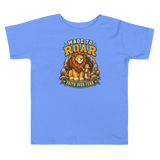 Made to Roar “Faith Over Fear” Toddler T-Shirt in Heather Columbia Blue featuring a lion and child imagery.